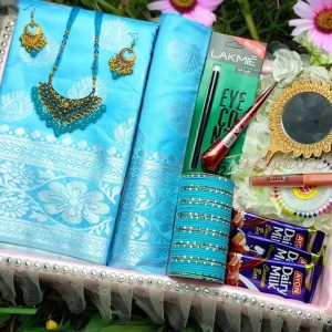 স্পেশাল প্রিমিয়াম সফ্ট সিল্ক আকাশী কাতান শাড়ি কম্বো । SC-68