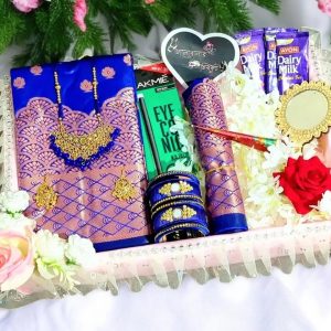 কাতান প্রিমিয়াম সফ্ট সিল্ক নীল কালার শাড়ি কম্বো । SC-60