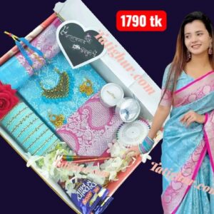 কাঞ্চিপুরম আকাশী কালার গিফট সেট💝Premiam Sky blue Combo set