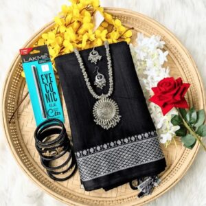 Black  হাফসিল্ক (পাতলা) শাড়ি💝সাদা-কালো প্রিমিয়াম গিফট প্যাকেজ