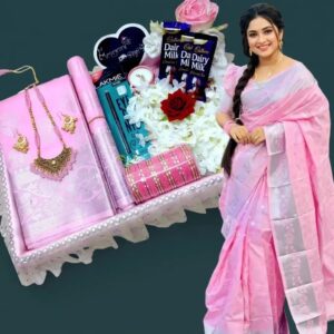 Premium Soft Katan Saree Combo Gift Box - গোলাপি কাতান শাড়ি লাক্সারি গিফট কম্বো সেট