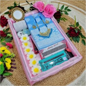 Sky blue premium soft slik saree package.আকাশী কালার কম্বো সেট