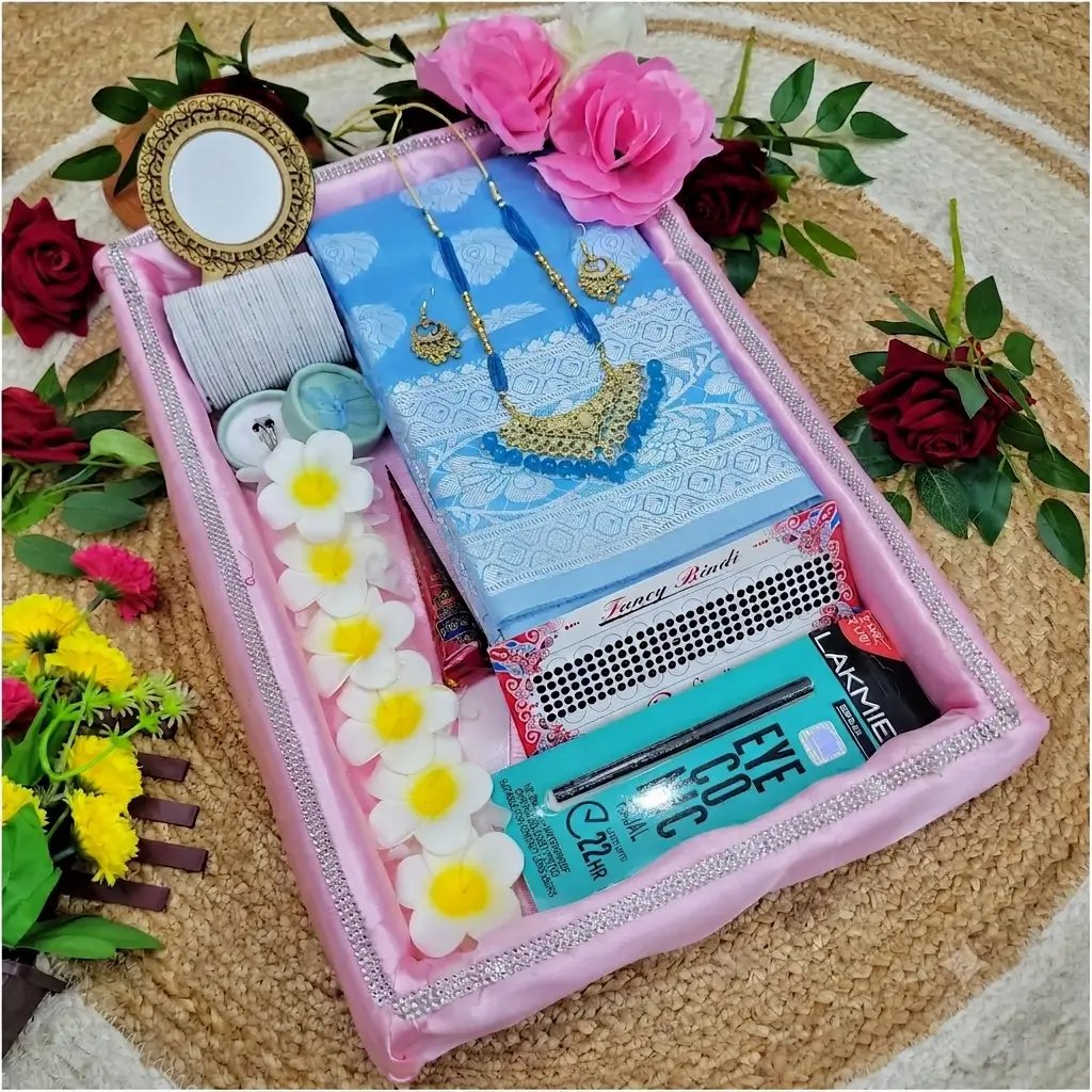 Sky blue premium soft slik saree package.আকাশী কালার কম্বো সেট
